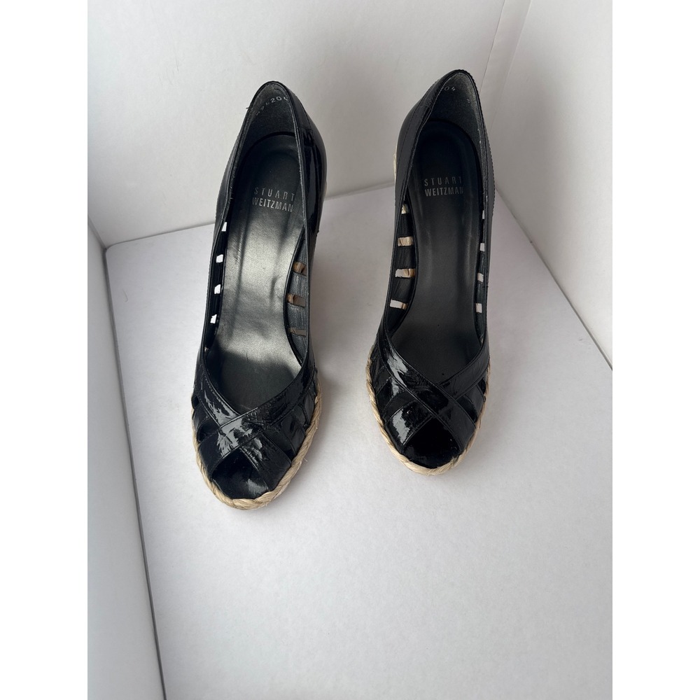 Stuart Weitzman Wedge Sandals Womens 6.5 Black Patent Espadrille Caged Peep Toe - Picture 2 of 11